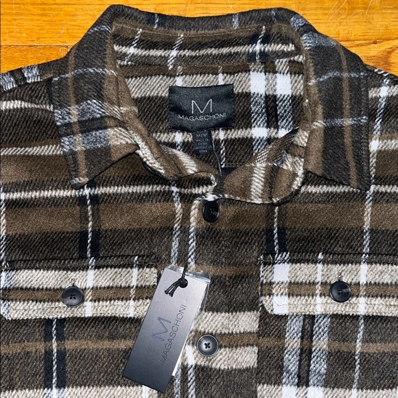 Magaschoni Men's Plaid Shirt Jacket - Black and Brown - Picture 2 of 10